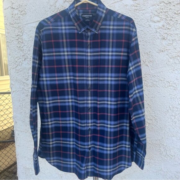 Claiborne Men's Blue and Blue/Red Plaid Slim Fit Dress Shirts Set 2 - Picture 11 of 16